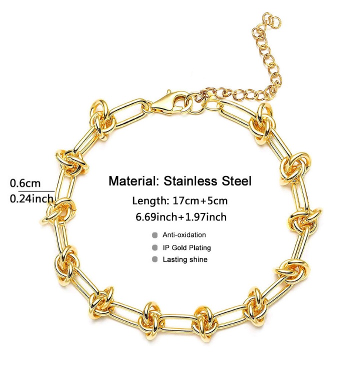 Detailed specifications of the stainless steel gold bracelet, showing material and dimension options.