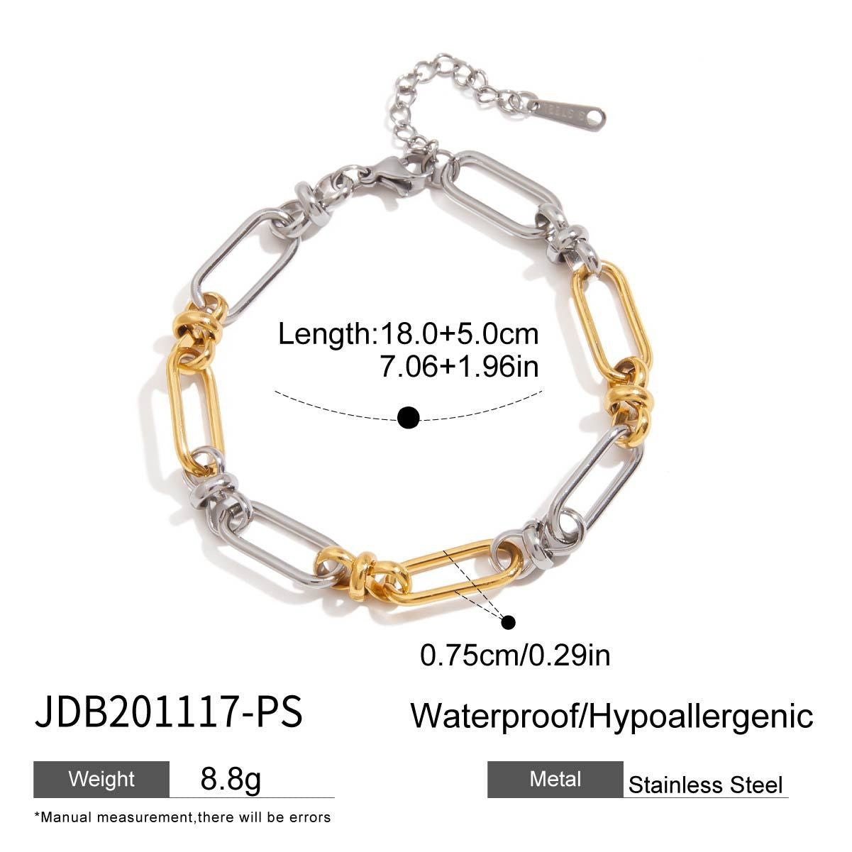 Detailed view of the two-tone stainless steel bracelet showing its dimensions and material properties.