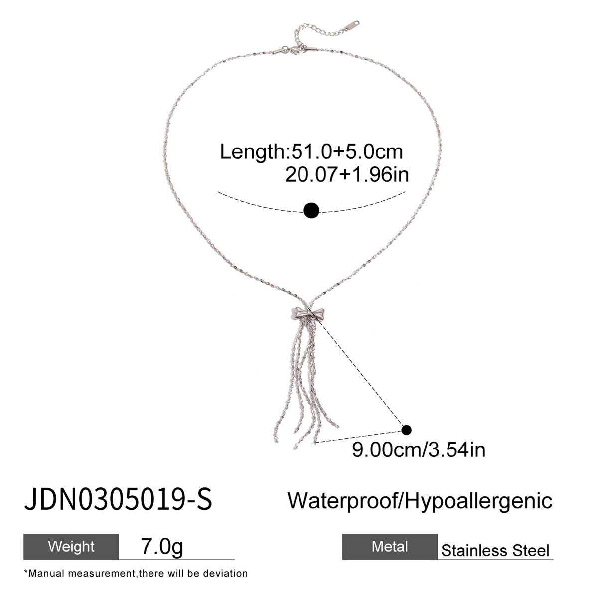 Specification chart for the stainless steel bow tassel necklace showing its dimensions and features.