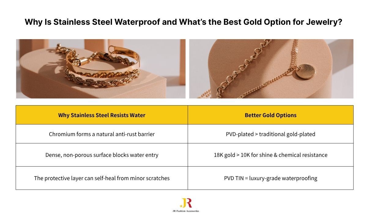 A comparison chart showing why stainless steel is waterproof and the differences between PVD plating and traditional gold plating for jewelry.