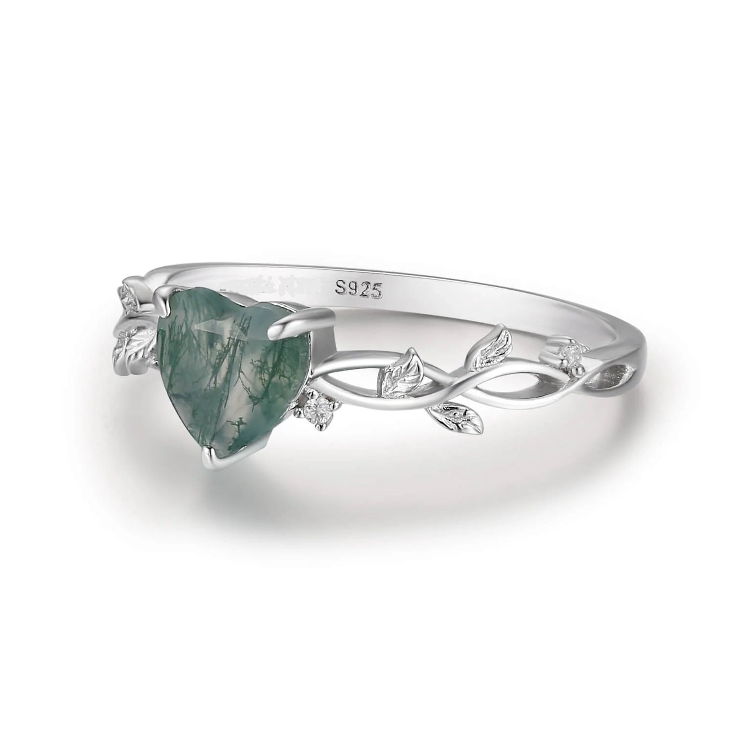 Detailed studio shot of the 925 sterling silver ring with a heart-shaped green stone.