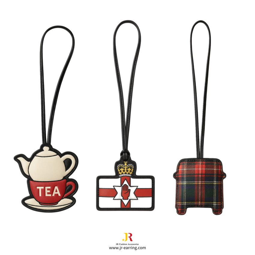 A set of custom UK-themed bag charms including a teacup, Union Jack flag, and a piece of cheese.