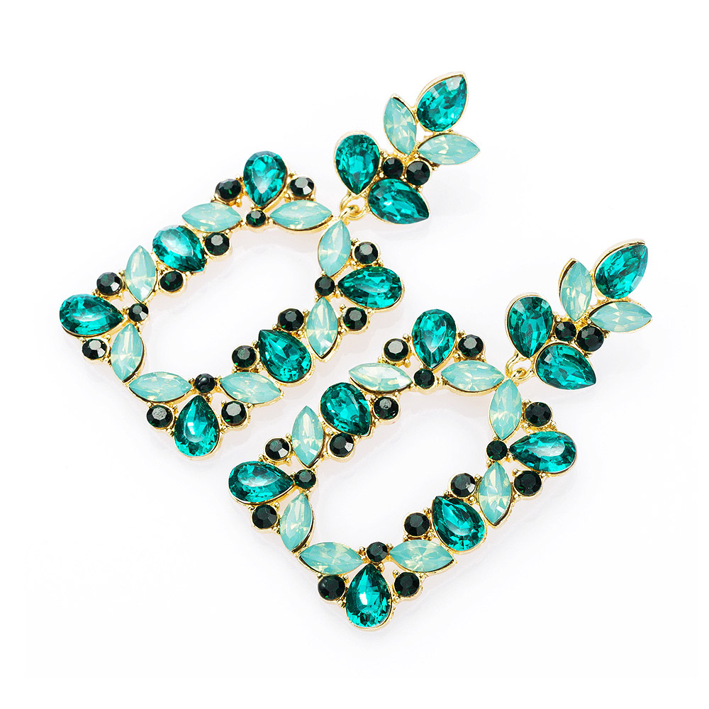 Close-up of the teal and black crystal details on the Large Green Tone Earrings