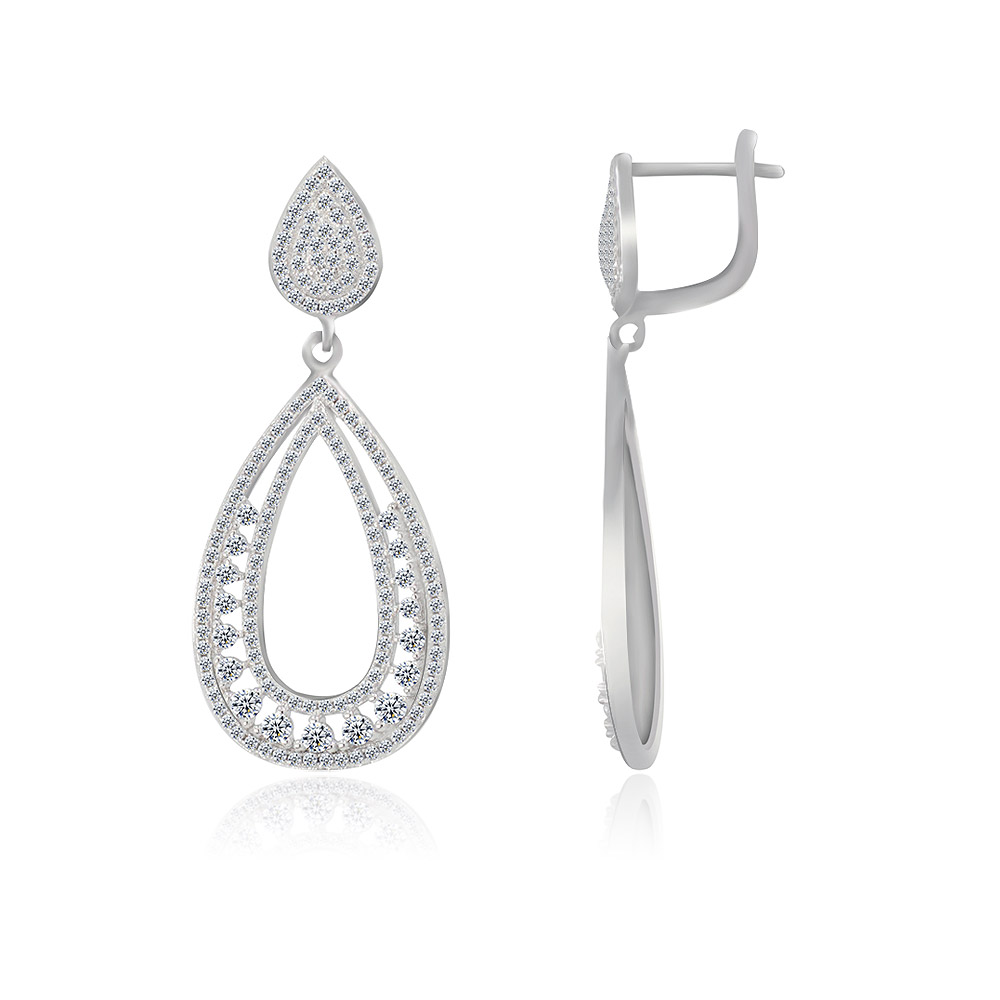 Close-up of the intricate CZ stone setting on the pear-shaped earrings