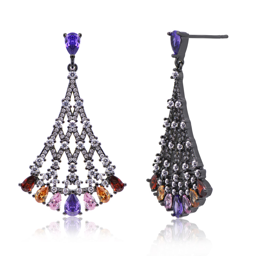 Detailed view of the hematite plating and gemstone details on the Multicolor Fan Drops earrings