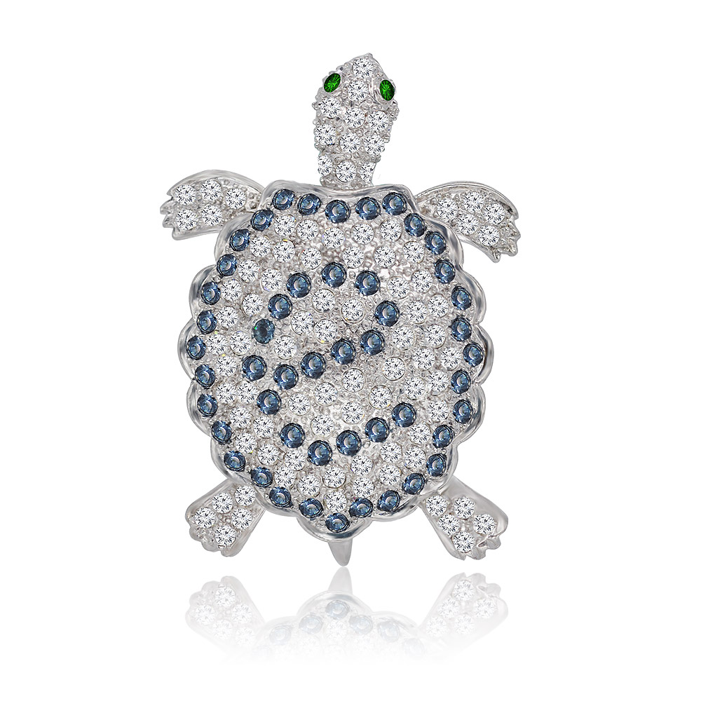 Front view of the sparkling Blue White Turtle Brooch Pin with blue and emerald crystals