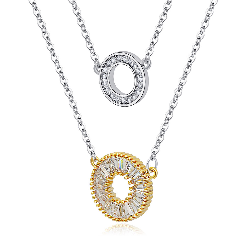 Detailed view of the two-tone CZ circle drop necklace pendants