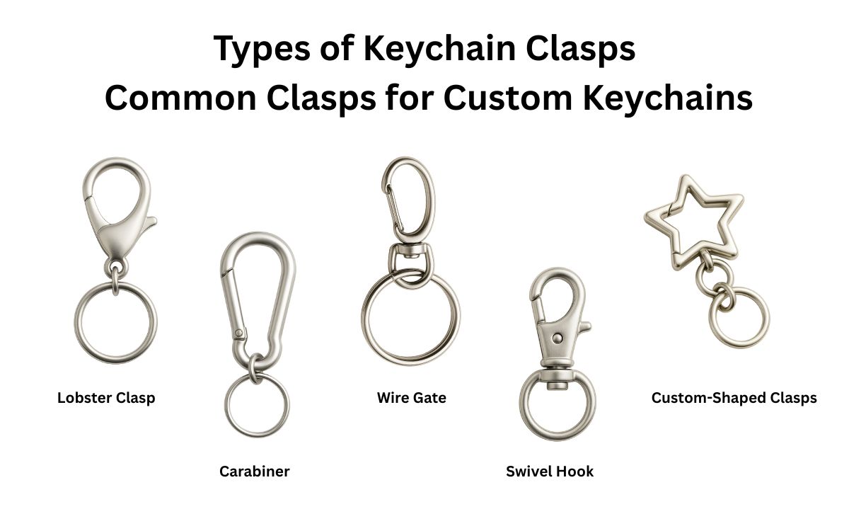 An illustration of five common keychain clasp types, including lobster clasps, carabiners, wire gates, and swivel hooks.