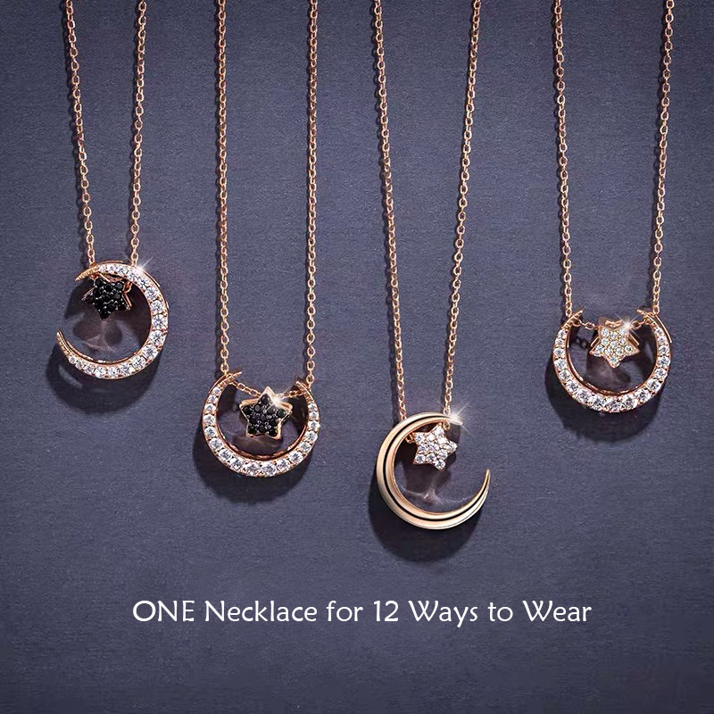 Demonstration of the versatile rose gold necklace worn in four different styles.