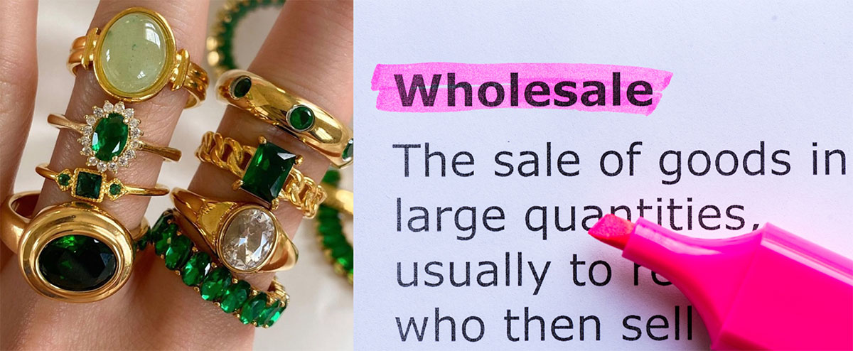 A banner showing gold rings with gemstones next to the definition of wholesale.