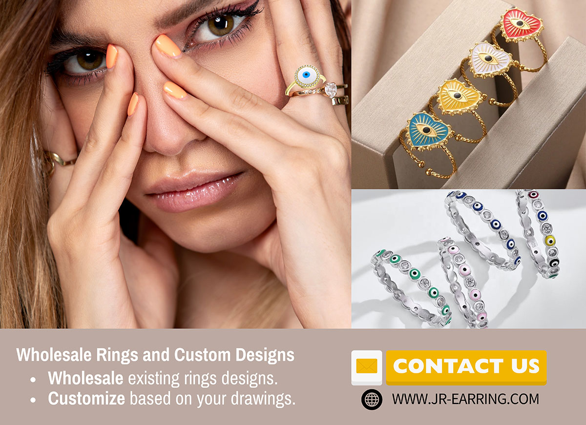Advertisement for wholesale evil eye rings and custom jewelry designs