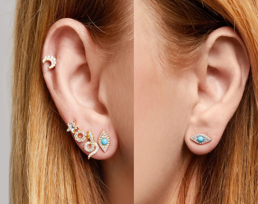Model wearing Turquoise Evil Eye Stud Earrings