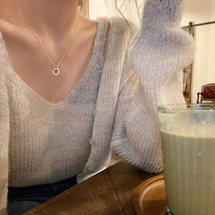 Model showcasing the versatile style of the double-circle pendant necklace.