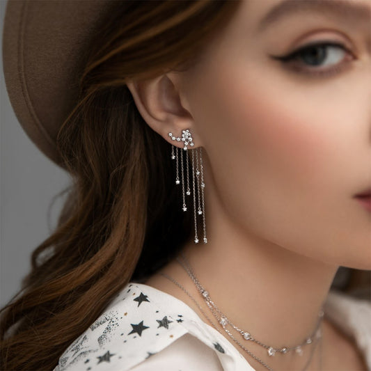 A model showcasing elegant 925 sterling silver star tassel drop earrings