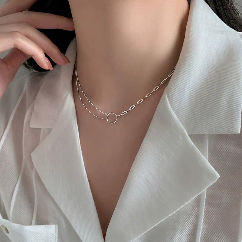 Model showcasing the elegant fit of the double layer circle pendant necklace