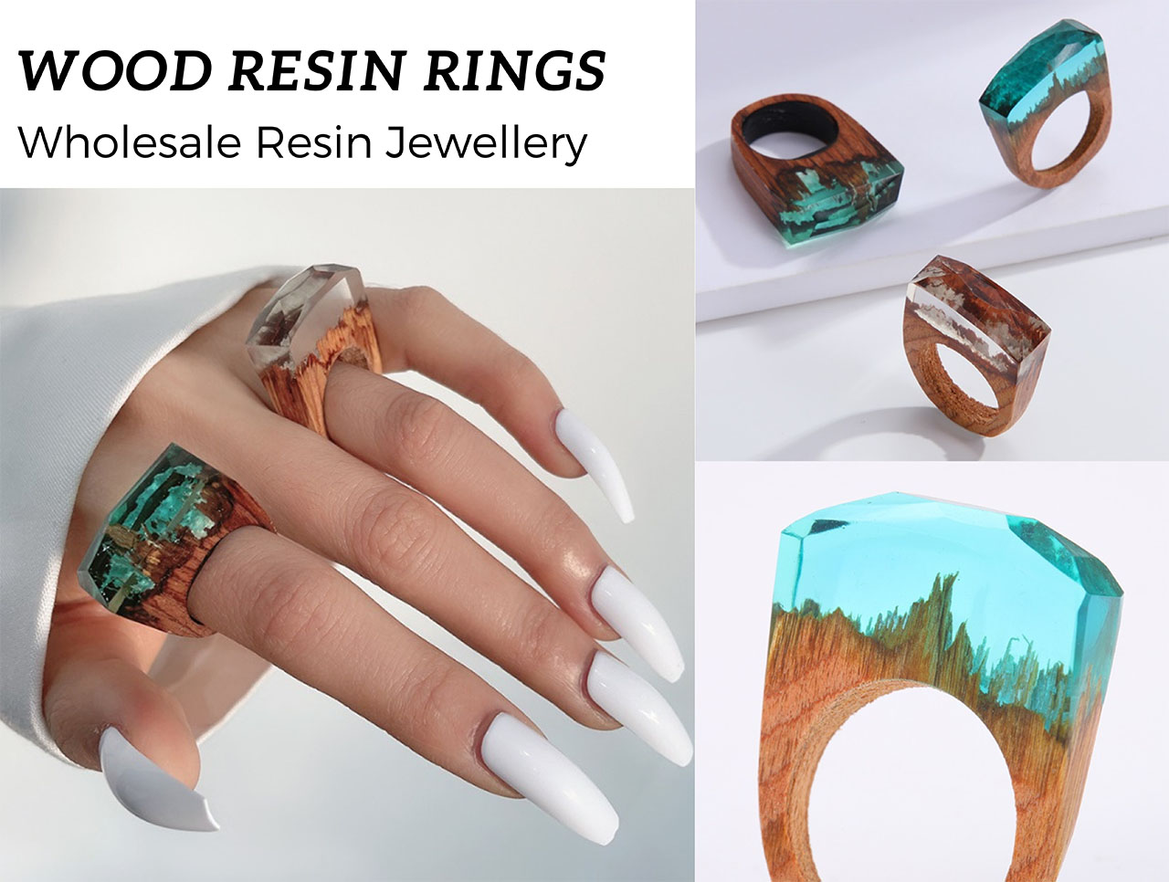 A collection of various wood and resin rings available for wholesale from JR Fashion Accessories.