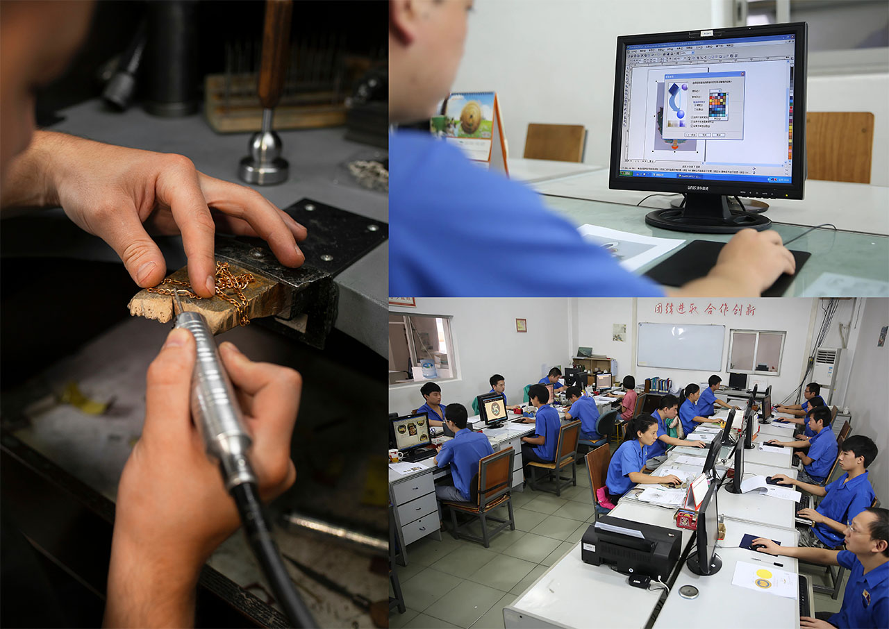 Collage of jewelry manufacturing facility and office workplace at JR Fashion Accessories.