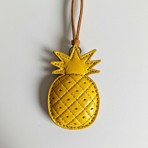 A yellow leather pineapple pendant on a brown cord