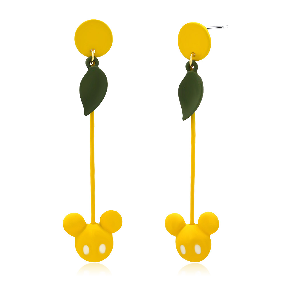 Detailed view of the yellow Mickey Mouse earrings with green leaf accents