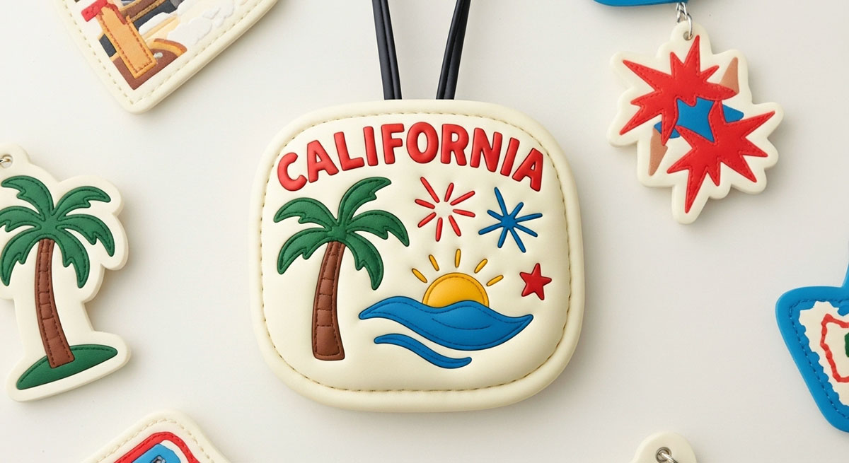 California souvenir leather bag charm with palm tree, sun, and ocean wave design for wholesale buyers