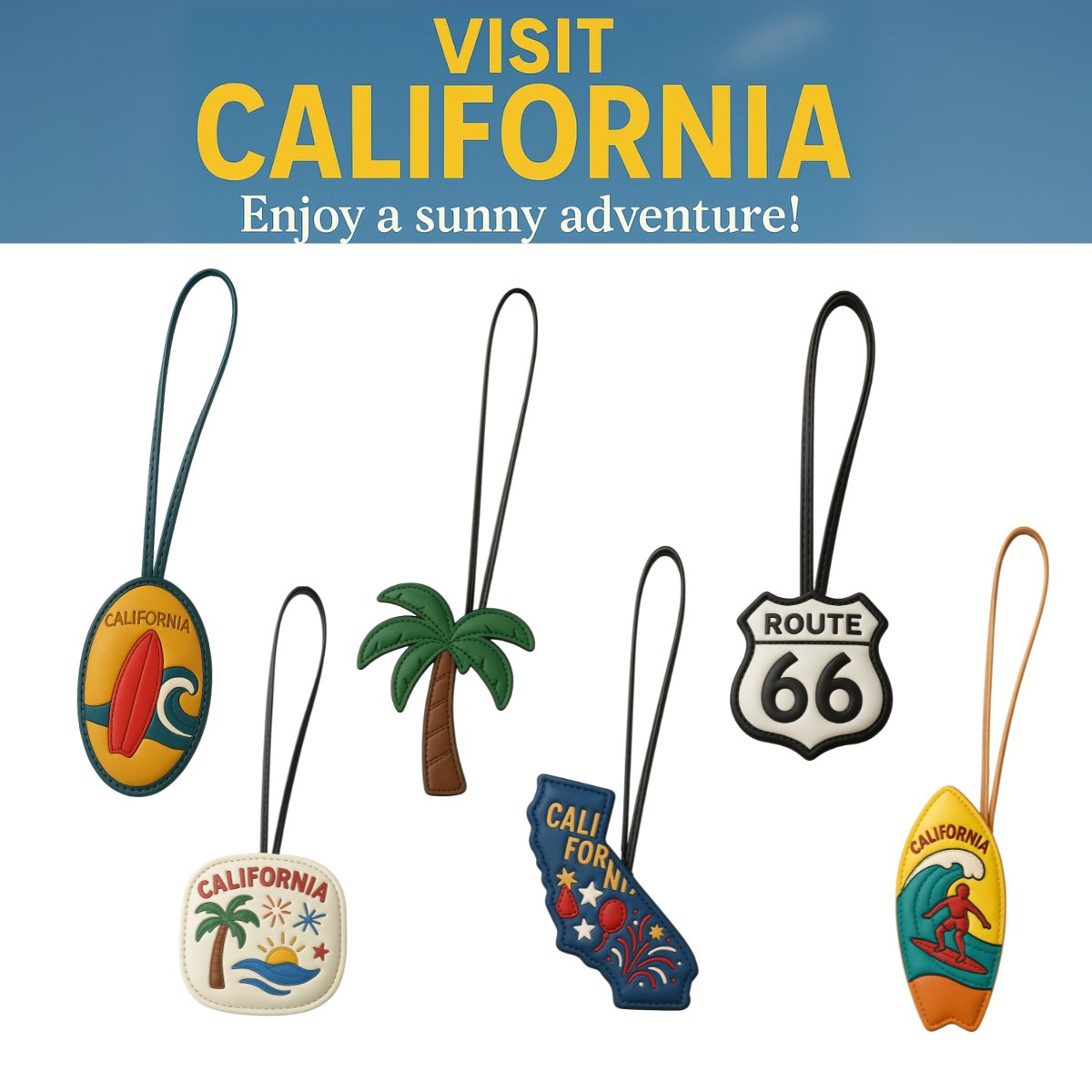 Souvenirs from California wholesale leather bag charms including palm tree, surfboard, Route 66 and California map designs