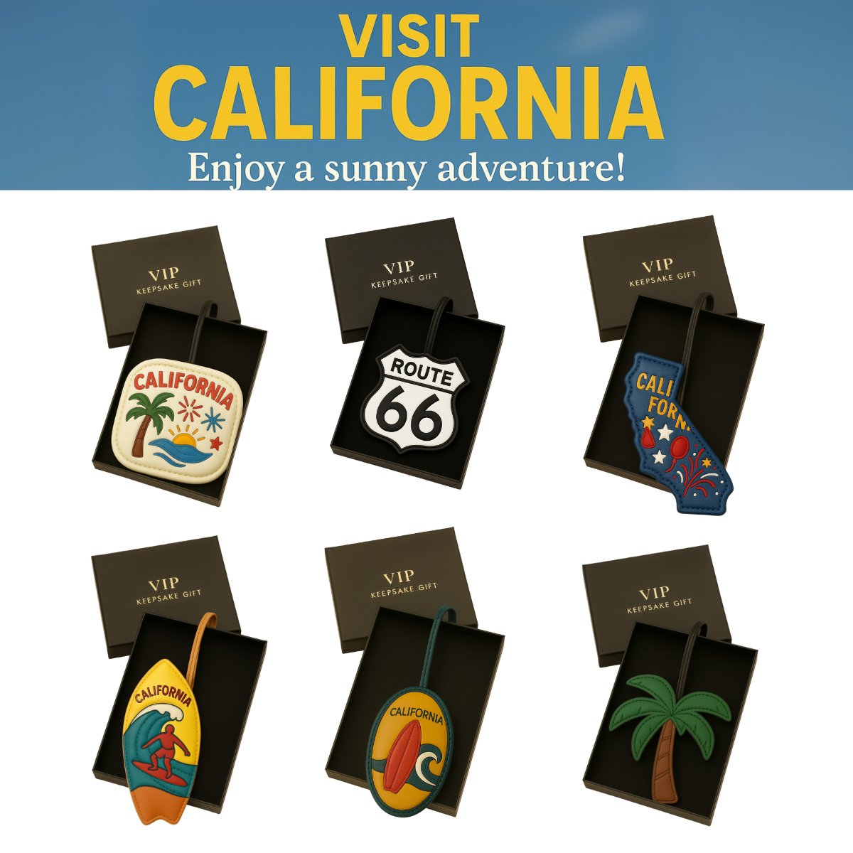 California souvenir leather bag charm with palm tree, sun, and ocean wave design for wholesale buyers
