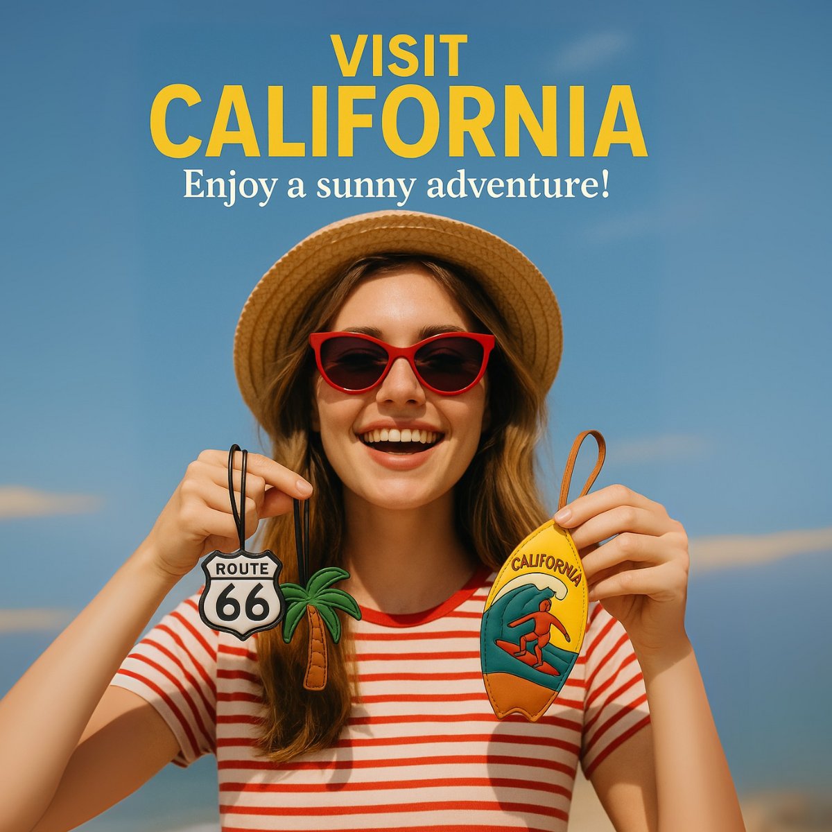Souvenirs from California custom leather bag charms with Route 66 and surfboard designs for travel gifts