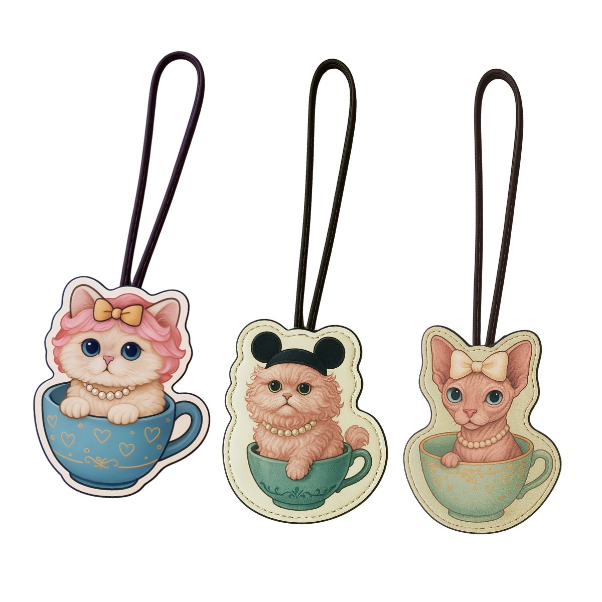Set of three cat bag charms in teacup design – Leather handbag charms with cute cat prints.