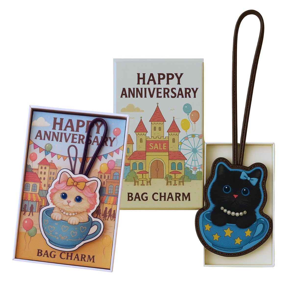 Happy Anniversary Leather handbag charms box set with teacup cat bag charm designs.