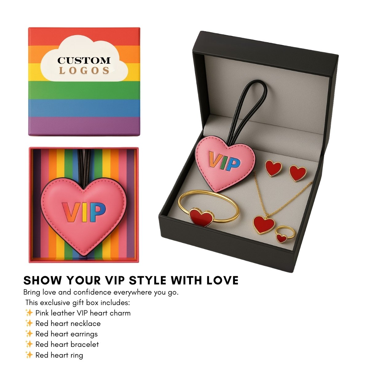 Rainbow gift box featuring Genuine Leather Bag Charm with red heart necklace, earrings, bracelet, and ring.