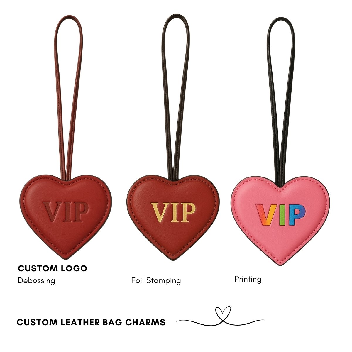 Custom Genuine Leather Bag Charms showing debossing, foil stamping, and printing logo options.