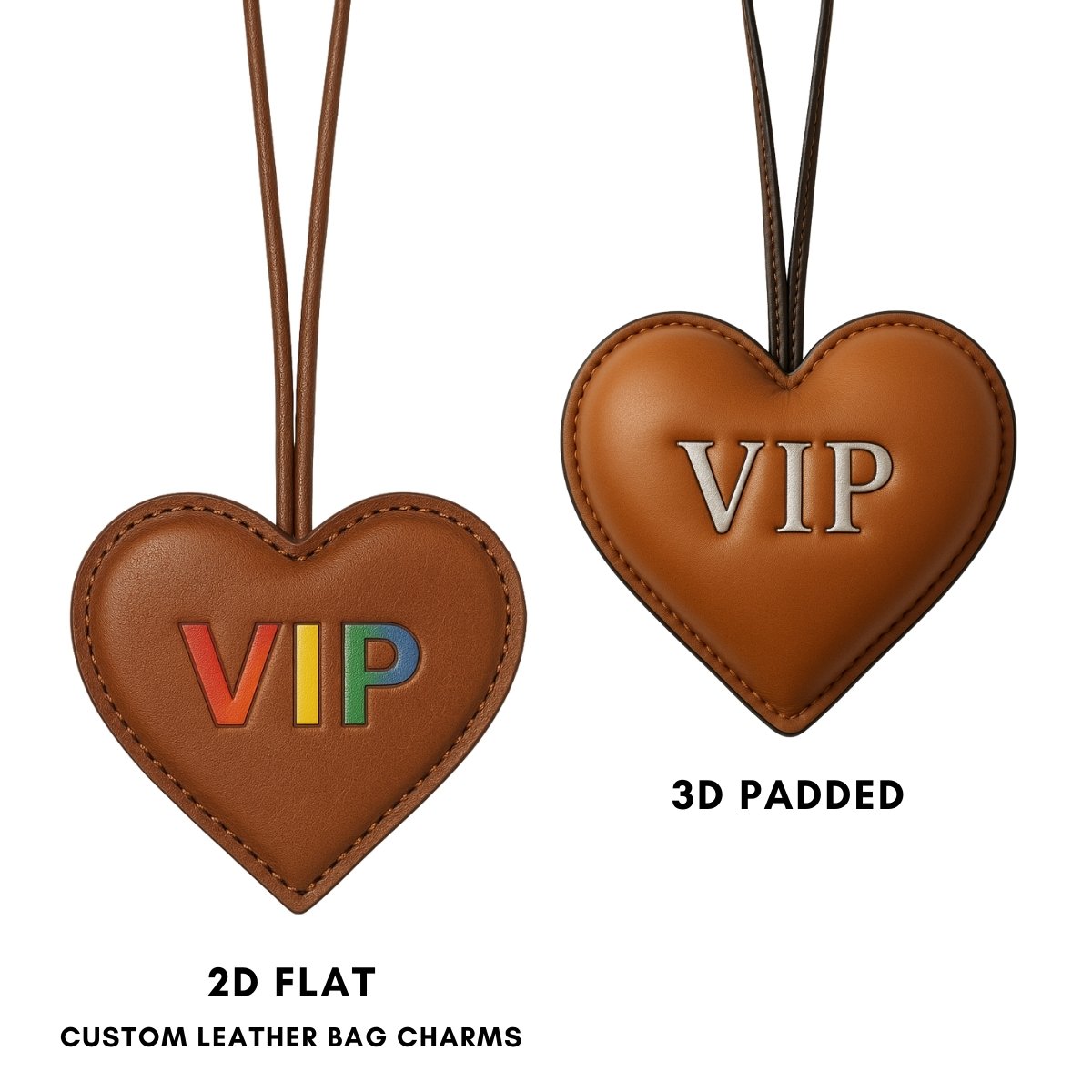 Comparison of Genuine Leather Bag Charms in 2D flat and 3D padded styles.