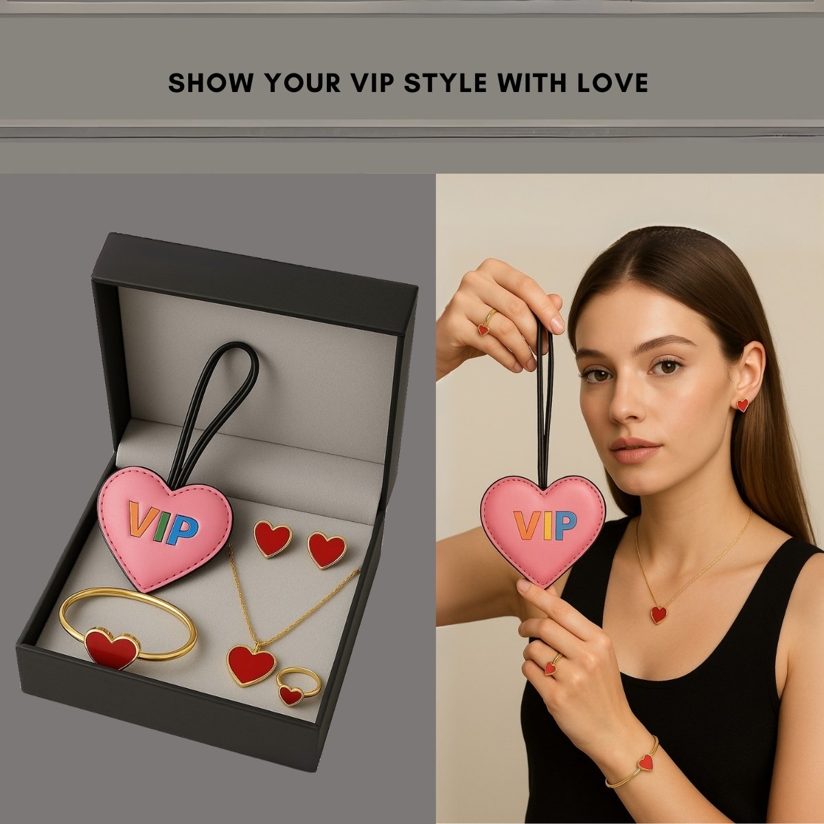 Gift set with Genuine Leather Bag Charm and matching red heart jewelry, model display.