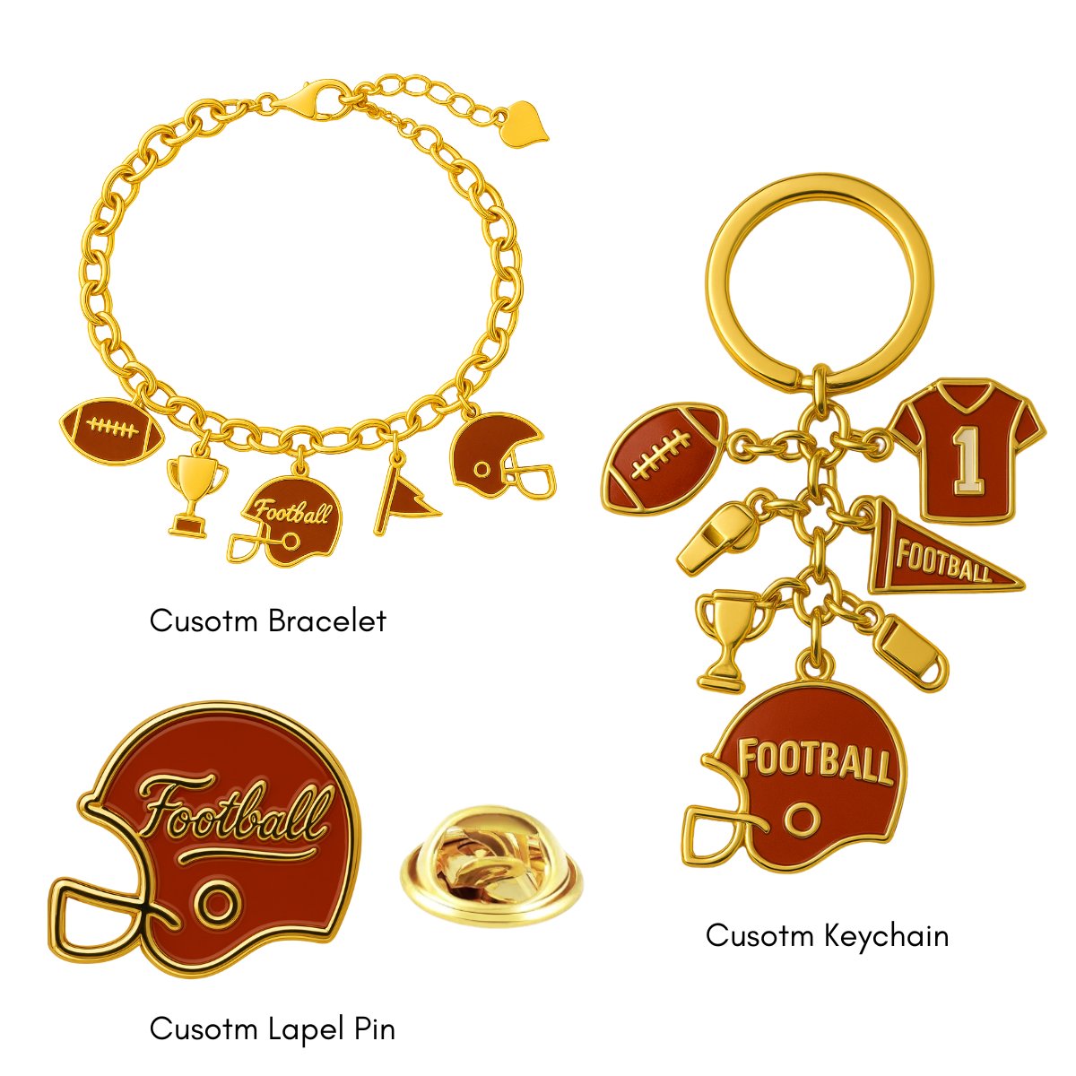 Custom gold plated football jewelry set including bracelet, keychain, and lapel pin, OEM sports gift supplier.