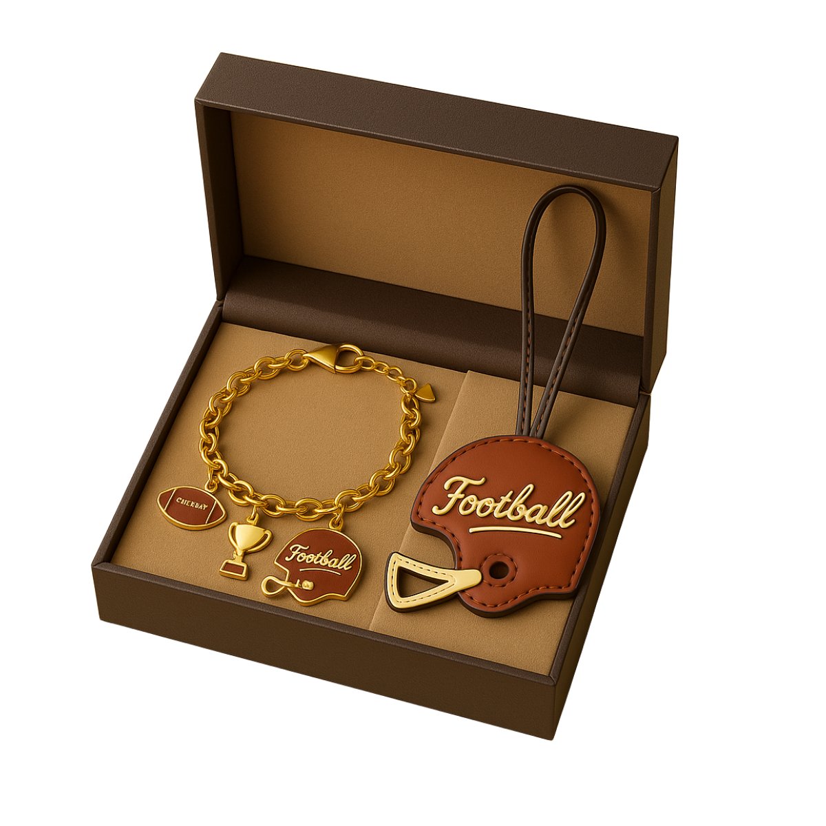 Custom gold plated football jewelry set including bracelet, keychain, and lapel pin, OEM sports gift supplier.