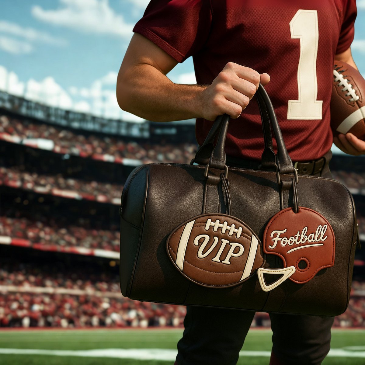 Stadium fan with football and helmet leather bag charms on handbag, bulk sports promotional accessories.
