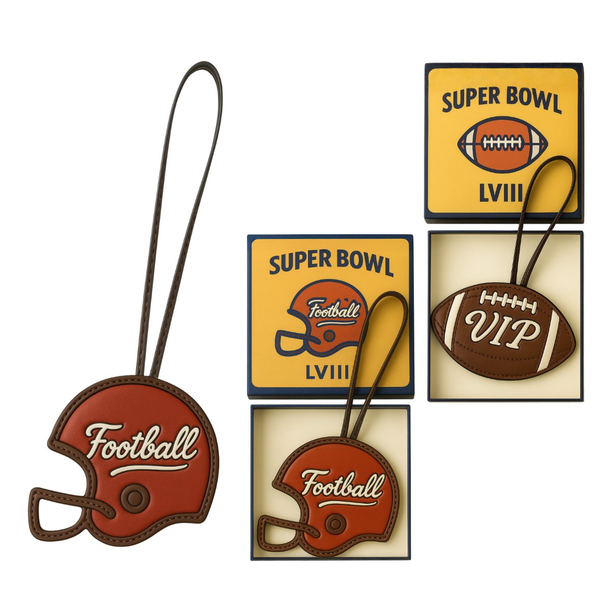 Super Bowl custom leather bag charm set with packaging, football VIP gifts for wholesale buyers.