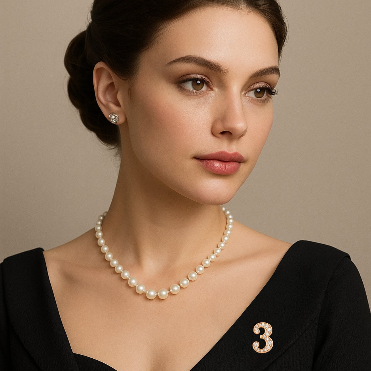 Elegant woman wearing diamond letter brooch number 3 with pearl necklace