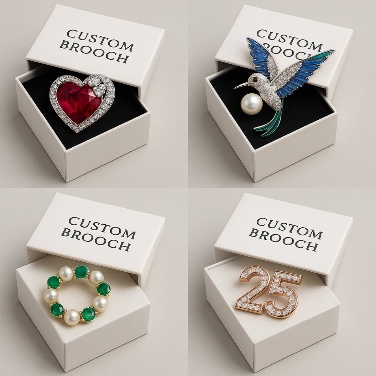 Assorted custom brooch designs including heart, bird, circle, and number 25 letter brooch