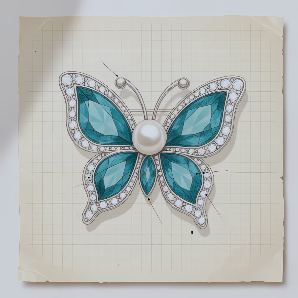 Butterfly brooch design sketch with pearl and gemstones