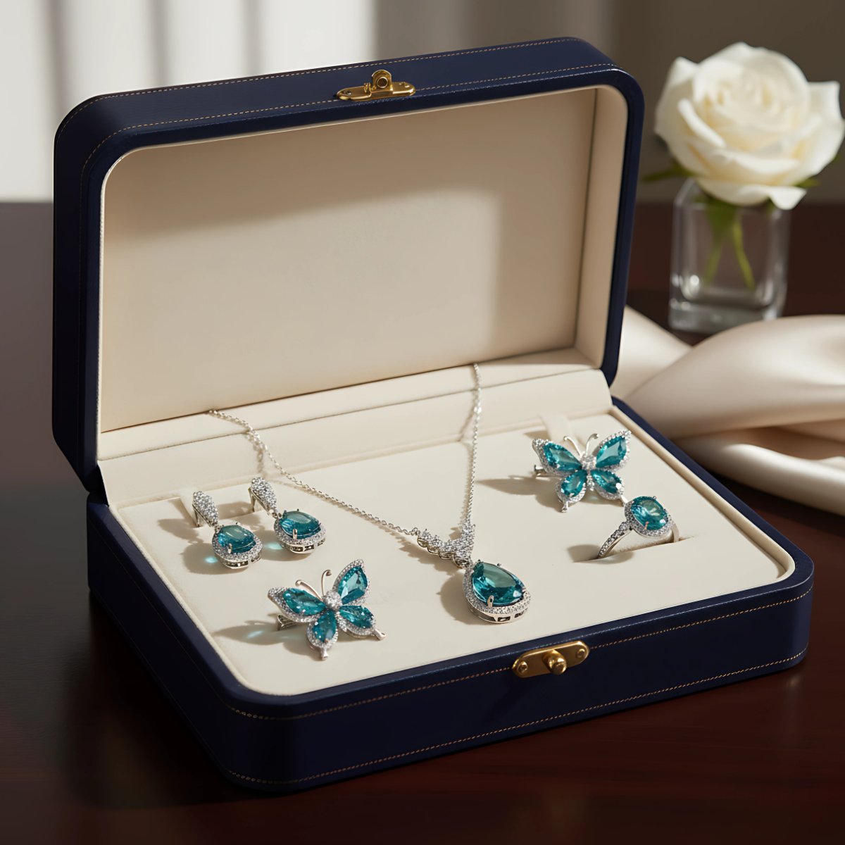 Butterfly brooch jewelry set with matching earrings, necklace, and ring