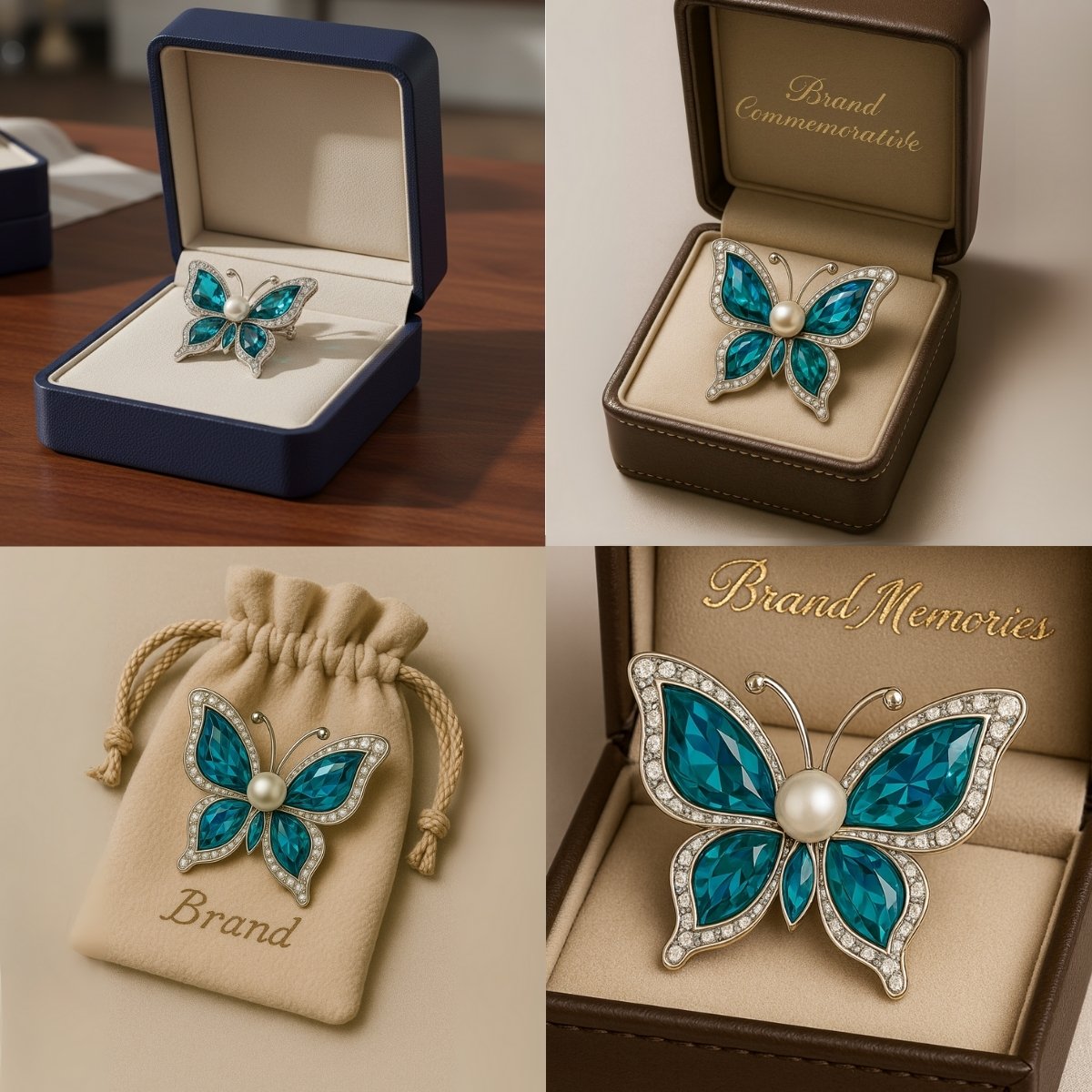 Butterfly brooch with gemstones in luxury jewelry box and pouch