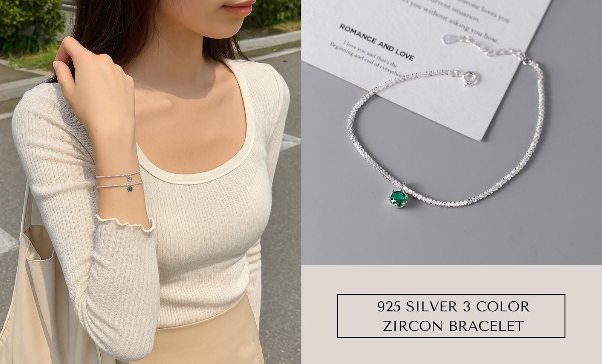 Lifestyle flat lay of 925 silver zircon bracelet styled with minimalist outfit – ideal for fashion accessory supplier collections and women’s summer jewelry wholesale