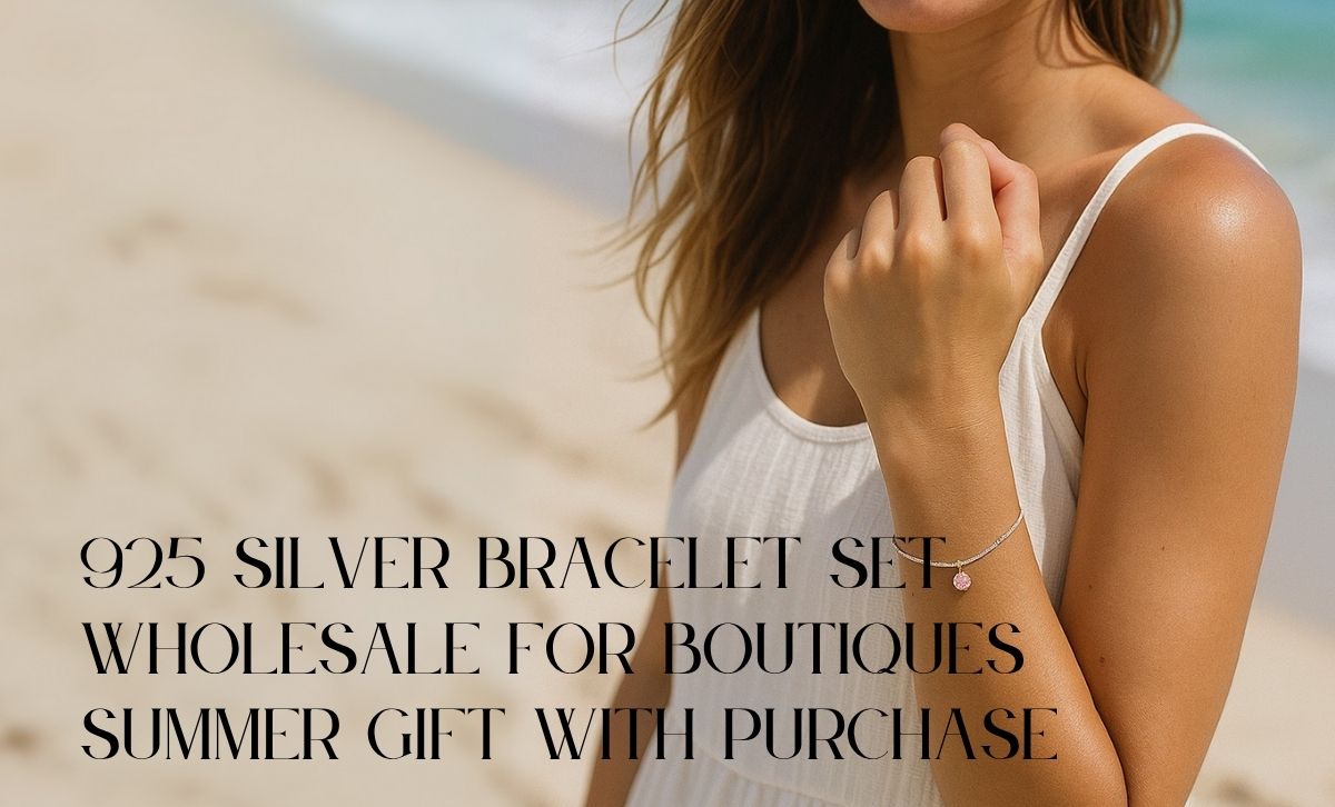 Model wearing 925 silver 3 color zircon bracelet at the beach – perfect women’s summer jewelry for boutiques, beach outfit accessories, and summer gift with purchase supplier promotions