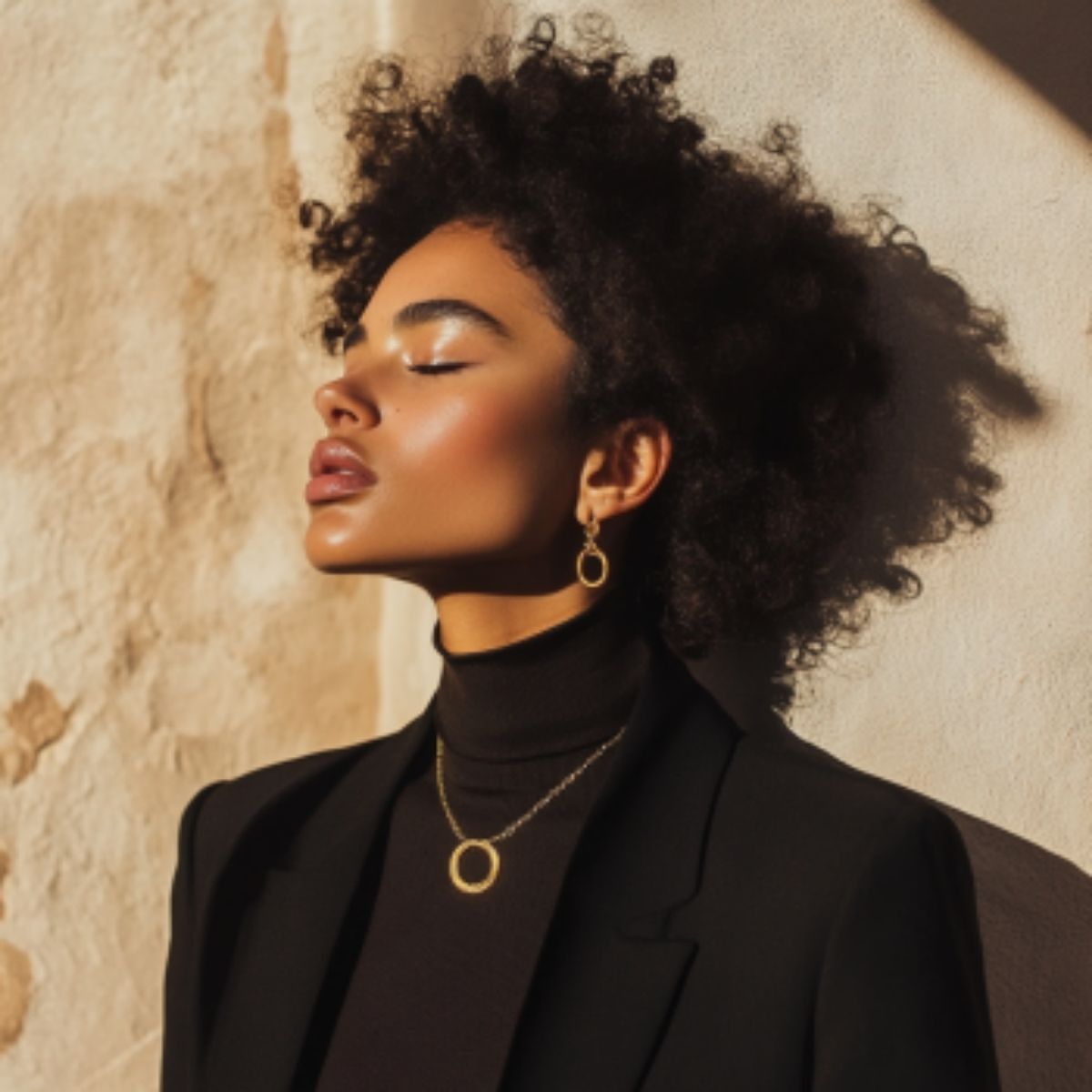 Fashionable PVD gold-plated stainless steel earrings and necklace worn by model