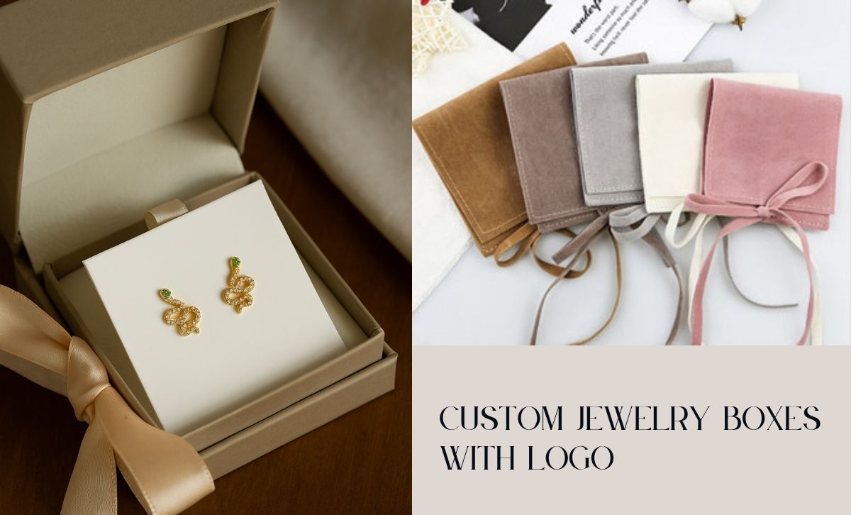 Snake stud earrings presented in a jewelry gift box with custom logo pouches in multiple colors