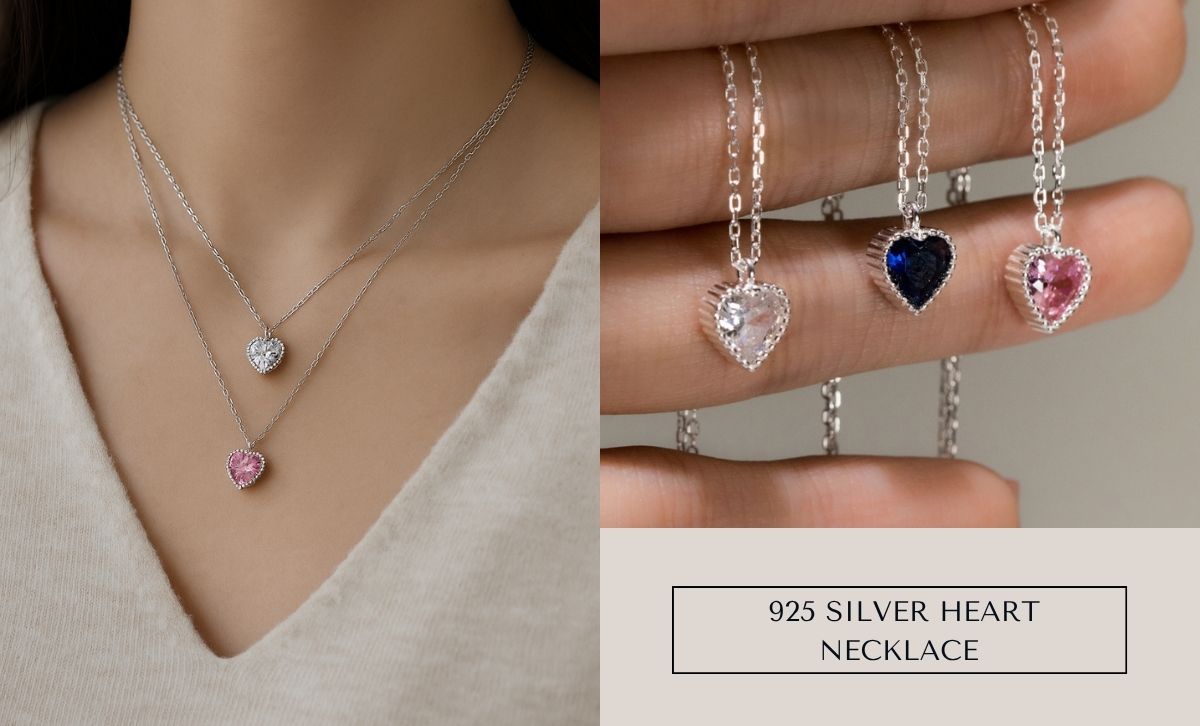 Model wearing layered 925 silver heart necklaces with pink and white CZ stones – dainty friendship gift for women