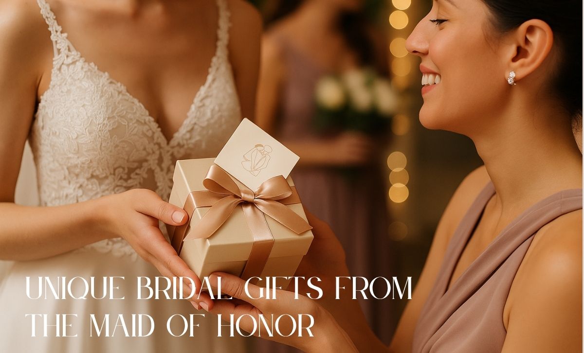 Maid of honor gifting a champagne-wrapped jewelry box to the bride symbolizing unique bridal gifts before the wedding