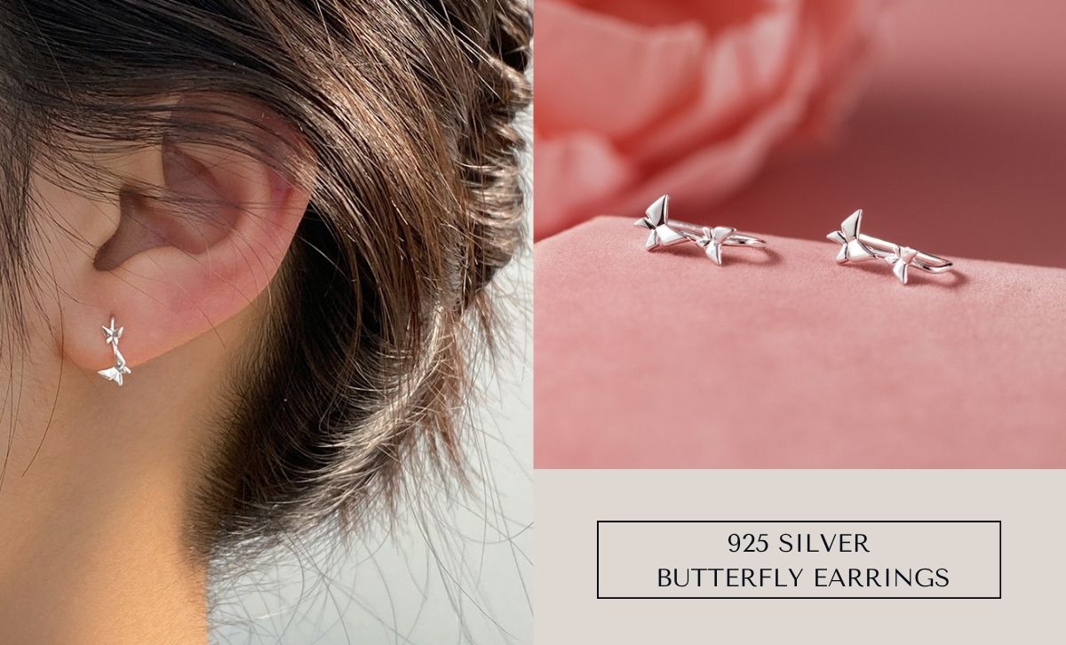 Minimalist and dainty 925 silver butterfly earrings styled for women’s kawaii jewelry collections, perfect for boutique retail or fan gift sets.