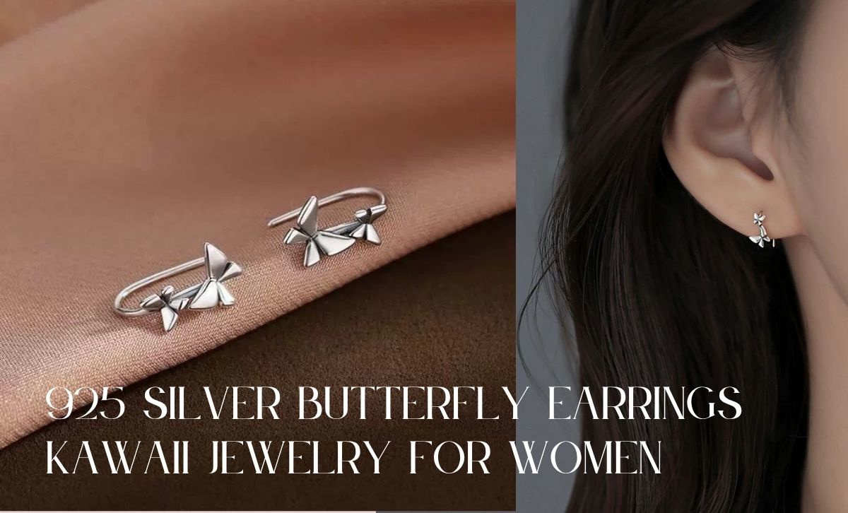 Close-up of 925 sterling silver butterfly earrings on satin fabric and worn on ear, showcasing hypoallergenic kawaii fashion accessories for women
